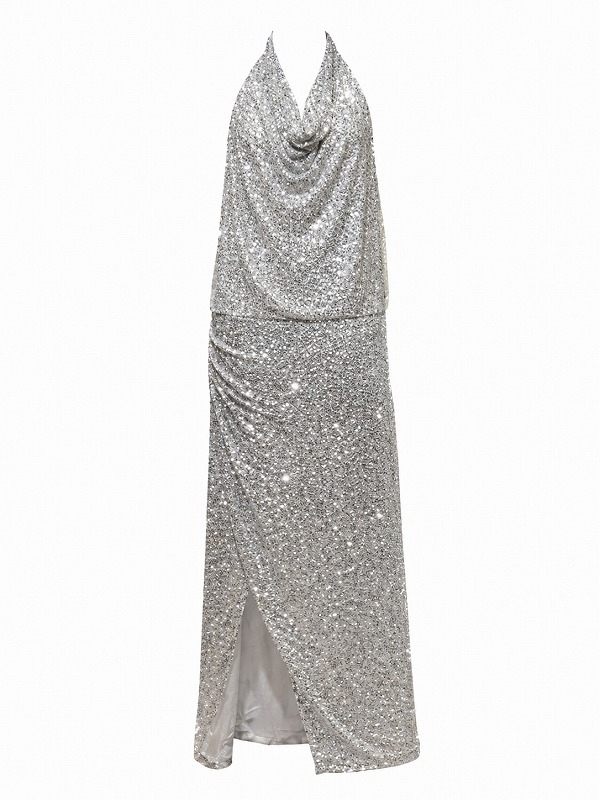 【新品DRESS 1635】総スパンコールドレープホルタータイトロングドレス シルバー【KAREN MILLEN】